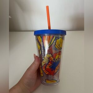 Starbucks 16oz orange and blue floral cup with straw